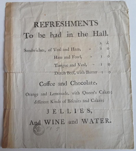 Handbill for refreshments at the trial of Warren Hastings, 1788 (Sarah Sophia Banks Collection, British Museum).