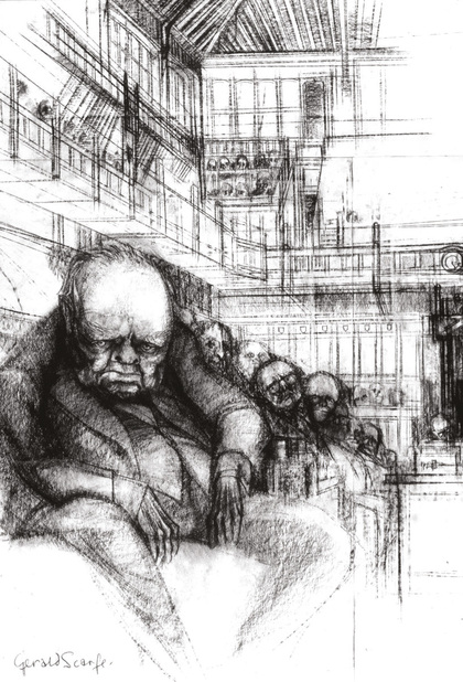 Scarfe’s image of Churchill’s last day in the Commons, 27 July 1964