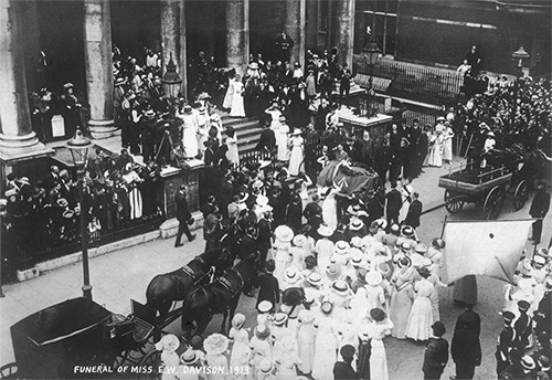 Emily Davison’s coffin outside St George’s, Bloomsbury saluted by the suffragette guard of honour.