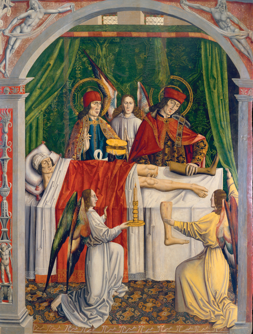 Saints Cosmas and Damian performing the miracle of the leg, from a Spanish painting c.1495.