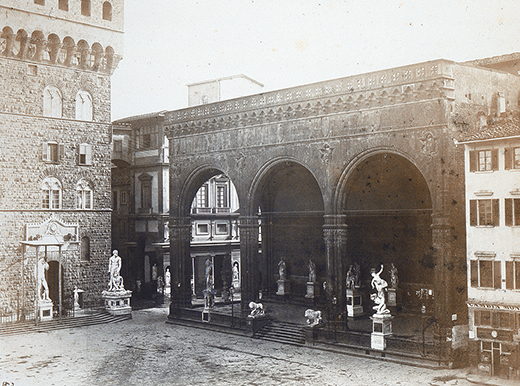 Piazza della Signoria c.1855 with ‘David’ under a canopy, and Bandinelli’s ‘Hercules and Cacus’ in front of the Palazzo; Cellini’s ‘Perseus with the Head of Medusa’ and Giambologna’s ‘The Rape of the Sabine Women’ at the front of the Loggia.