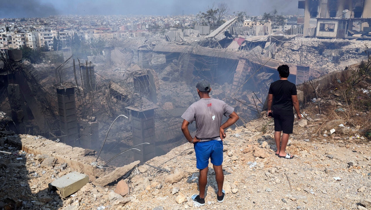 A building destroyed by an Israeli airstrike in Choueifat, south-east of Beirut, on Saturday, 28 September 2024. Photograph © AP Photo / Hussein Malla / Alamy