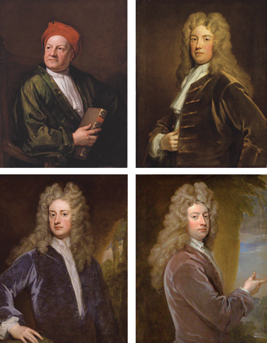 Godfrey Kneller’s Kit Cat Club portraits, clockwise from top left: Jacob Tonson (1717); Robert Walpole (c.1712); William Congreve (1709); Joseph Addison (c.1710).