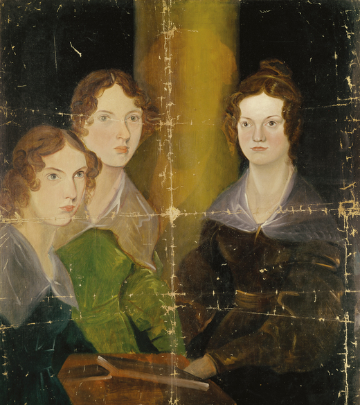 Branwell’s portrait of his sisters c.1834 with a painted-over figure, presumably a self-portrait. The order is thought to be, from left to right, Anne, Emily, Charlotte.