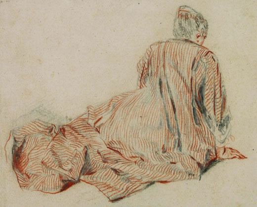 Antoine Watteau, ‘Woman Seen from the Back Seated on the Ground, Leaning Forward’, c.1717-18