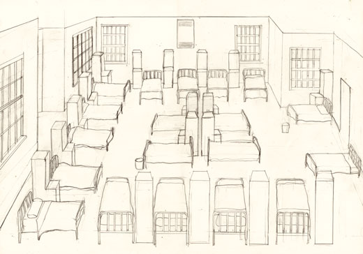 David Beales’s drawing of Guy Ward, Bethlem Hospital (2003) from his time there in 1981.