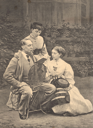 A photogravure from 1865 in the garden at Gad’s Hill: Katey stands and Mamie sits.