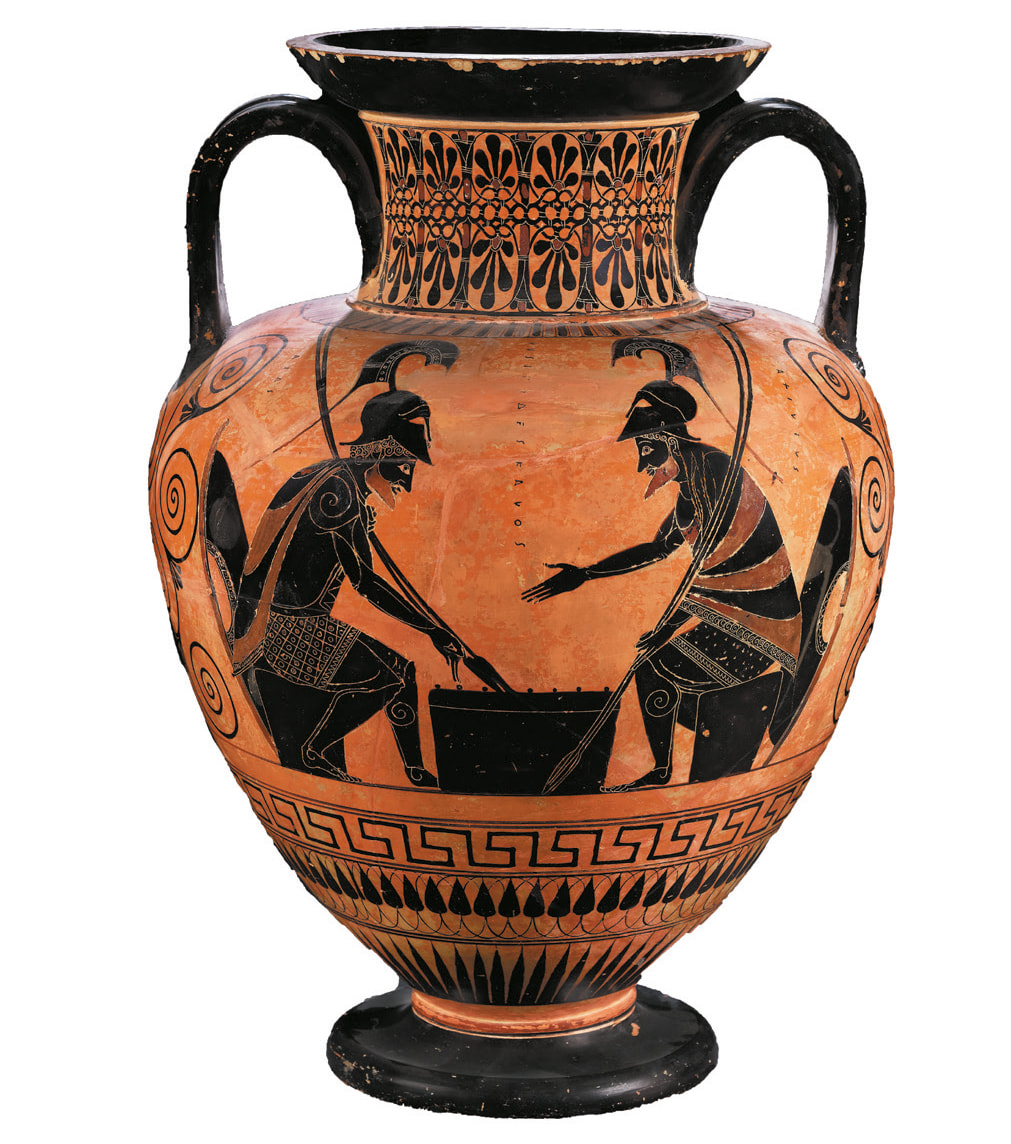 Black-figure vase showing Ajax and Achilles playing a game (c.535 BC)