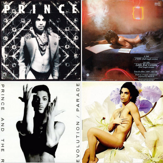 Clockwise from top left: images from the sleeves of ‘Dirty Mind’, ‘1999’, ‘Lovesexy’ and ‘Parade’