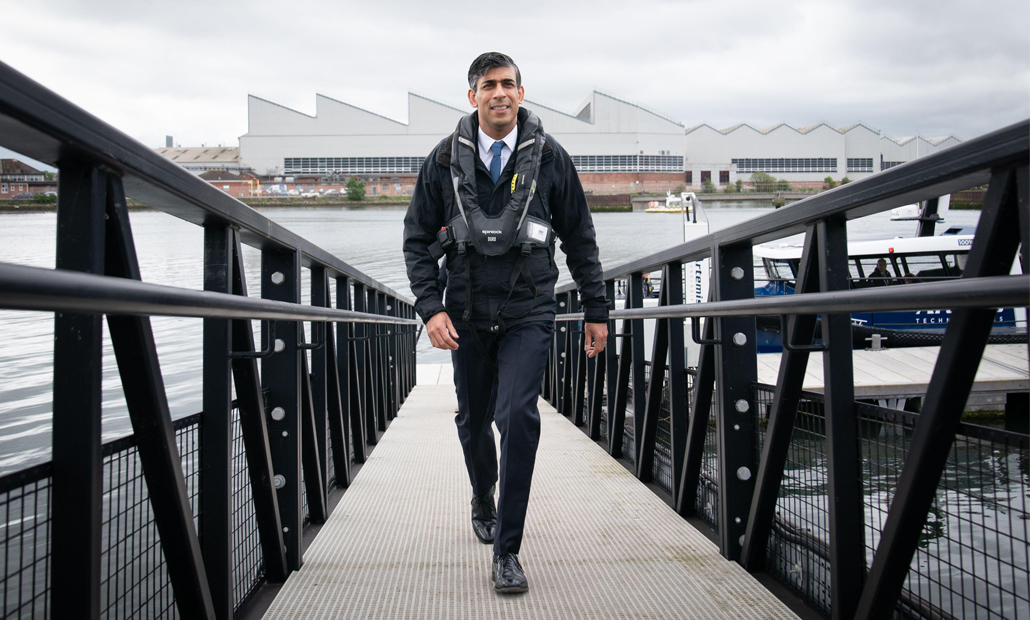 Rishi Sunak visiting the Titanic Quarter in Belfast, 24 May 2024. Photo © Stefan Rousseau / PA Images / Alamy