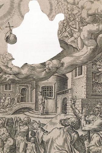 A plate from the late 16th-century Lord’s Prayer series, published in Antwerp by Philips Galle (after Maarten van Heemskerck) and collected by Nicholas Ferrar for the Little Gidding Concordance Room. Images of God were removed from Catholic prints, in line with the Second Commandment.