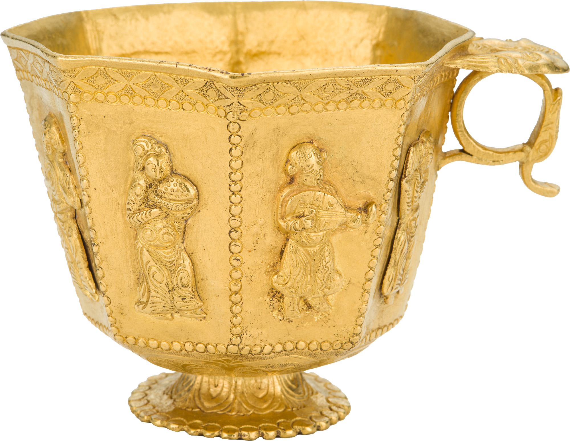 Octagonal cup with musicians and a dancer (c.830s).