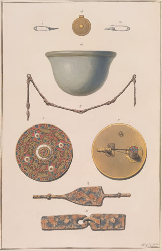 An aquatint from ‘Nenia Britannica’ by James Douglas (1793), showing objects, including the Anglo-Saxon brooch, excavated at Kingston Down.