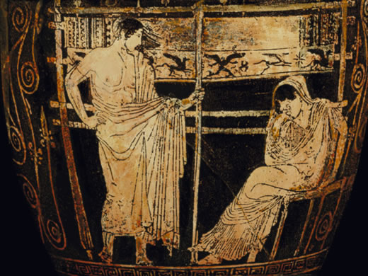Penelope at her loom, from a Greek pot (c.440 BC).