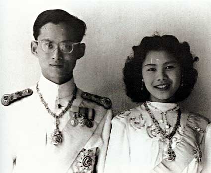 King Bhumibol and Queen Sirikit on their wedding day, 28 April 1950