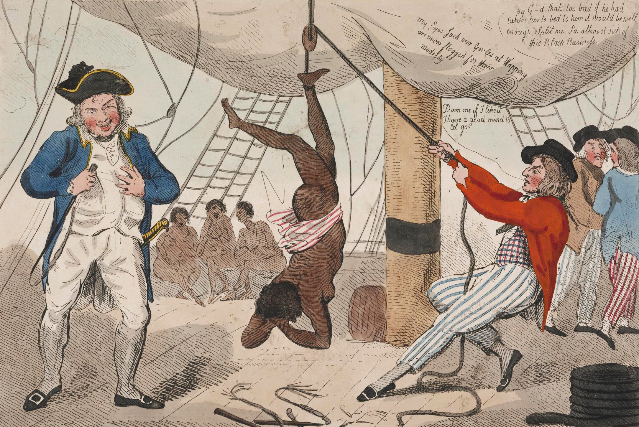 A print by Isaac Cruikshank (1792) called 'Abolition of the Atlantic Slave Trade', an African girl is shown swinging several feet above the deck of a slave ship, the Recovery, a rope cinched tightly around her right ankle. She is defenceless and exposed.