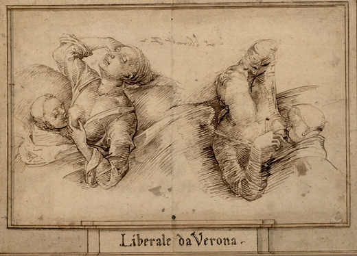 ‘Two studies of a woman with head tilted back and eyes closed, her child at her breast’ by Liberale da Verona.