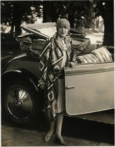 But what colour is it? Model wearing coat designed by Sonia Delaunay, 1926–27