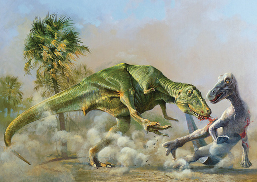 Tyrannosaurus and edmontosaurus by Ely Kish (1976)
