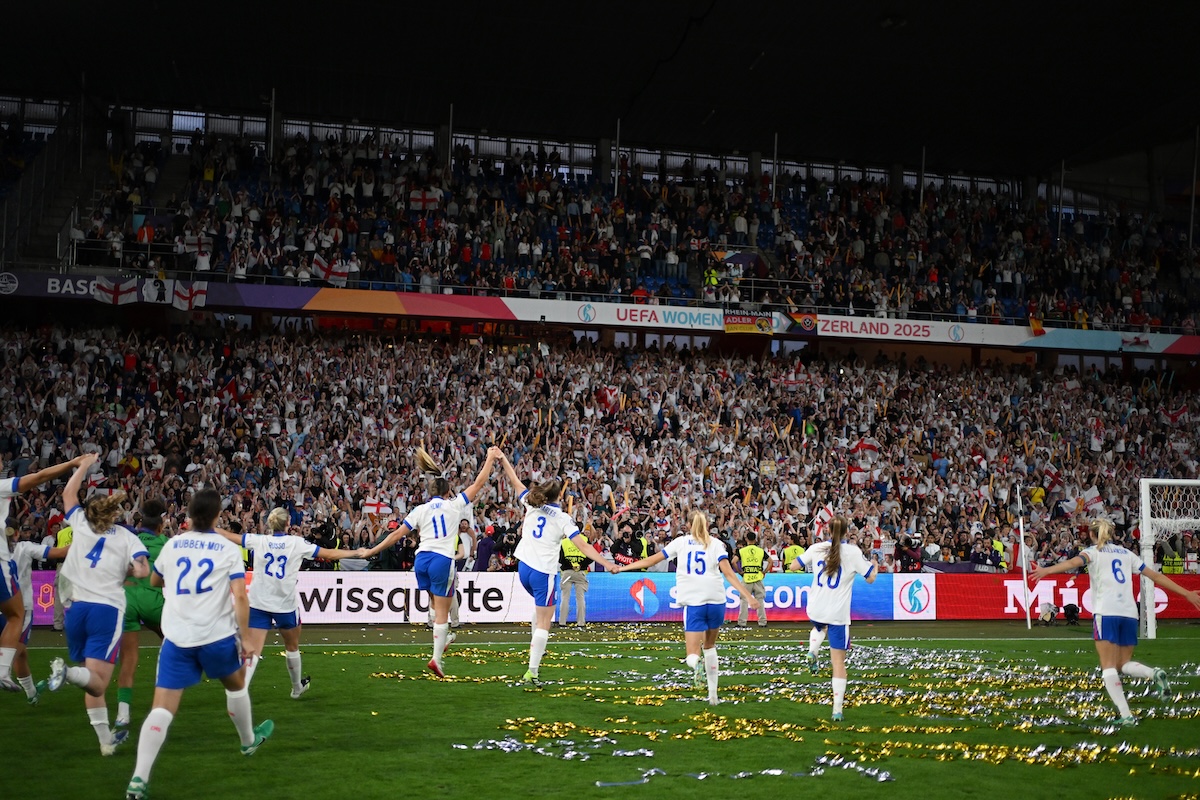 England celebrate their victory over Spain in the Euro 2025 final in Basel, Switzerland (Harriet Lander / FA / Getty)