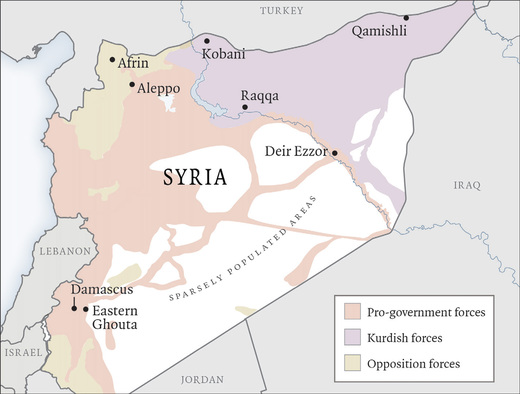 Syria map showing areas of control by pro-government forces, Kurdish forces, opposition forces.