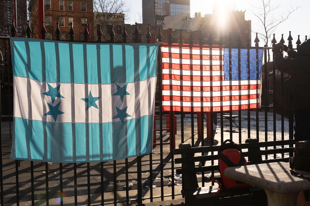 The Honduran and US flags outside the courthouse in New York where JOH was on trial. Photo © Derek French / SOPA Images via ZUMA Press Wire