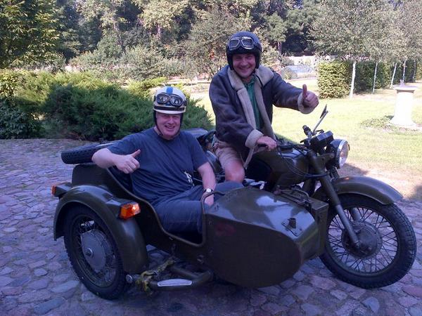 The mayor of London riding sidecar to the Polish foreign minister