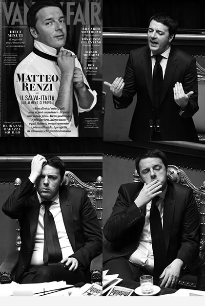Matteo Renzi on the cover of ‘Vanity Fair’, November 2013, and in Parliament before a vote of confidence, February 2014.