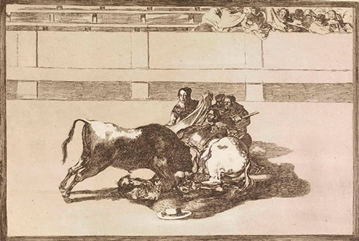 Goya’s ‘Tauromaquia, a Picador Is Unhorsed and Falls under the Bull’ (c.1825).