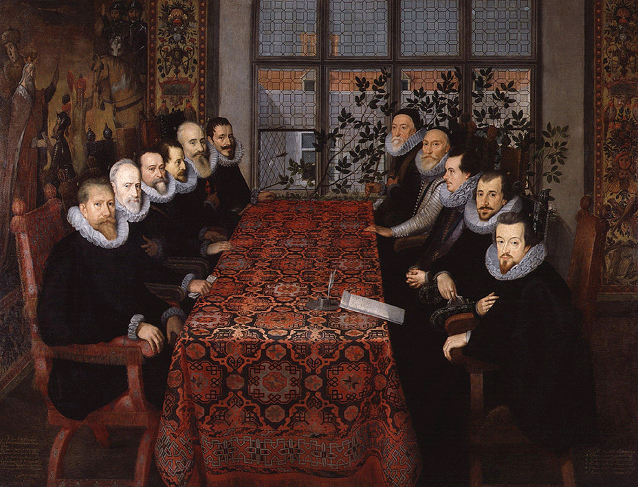 ‘The Somerset House Conference, 1604’ (artist unknown). Descending on the right: Thomas Sackville, Charles Howard, Charles Blount, Henry Howard, Robert Cecil.