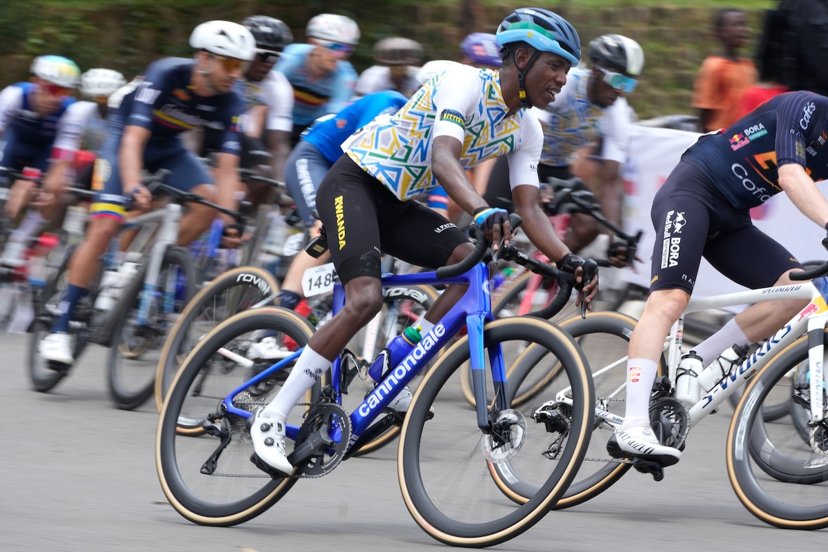 Rwanda’s Eric Manizabayo competing in the cycling Road World Championships in Kigali, 28 September 2025 (AP Photo/Jerome Delay)